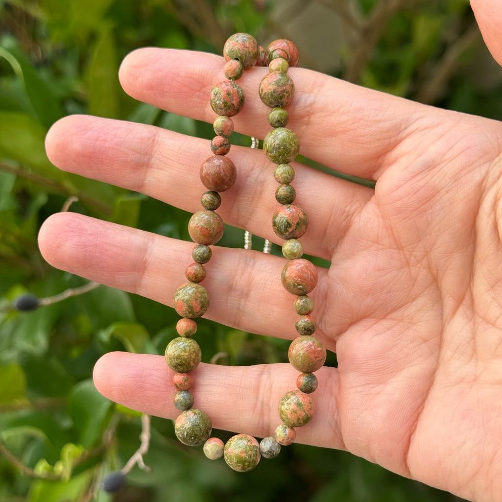 Natural Unakite Matcasite Bead Silver Tone Necklace